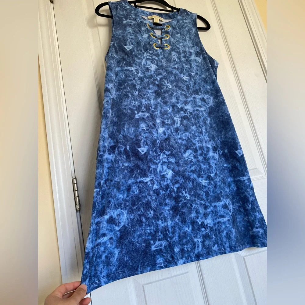 MICHAEL KORS Sleeveless Tie Dyed Denim Blue Lace Up Neck Tank Mini Dress Size L - Picture 8 of 14